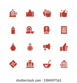 fist icon set. Collection of 16 filled fist icons included Freedom, Punch, Fist, Tatami, Thumbs up, Protest, Punching bag, Wanted, Boxing, Women rights, Clap