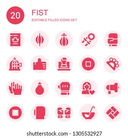 fist icon set. Collection of 20 filled fist icons included Wanted, Punching bag, Hand grip, Boxing gloves, Freedom, Thumbs up, Fist, Stop, Brass knuckles, Clap, Women rights, Protest