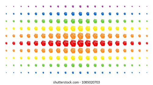 Fist icon spectral halftone pattern. Vector fist pictograms are organized into halftone array with vertical spectrum gradient. Constructed for backgrounds, covers, templates and abstraction effects.