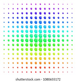 Fist icon spectrum halftone pattern. Vector fist shapes arranged into halftone grid with vertical rainbow colors gradient. Designed for backgrounds, covers and abstract compositions.
