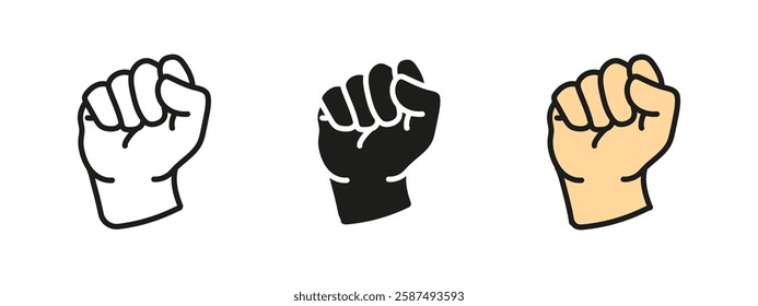 Fist icon. Strength and resistance gesture. Clenched hand vector illustration. Protest and revolution concept. Solidarity and activism symbol. Freedom and determination sign.