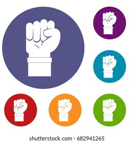 Fist icons set in flat circle red, blue and green color for web