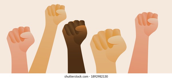 Fist isolated. Flat vector stock illustration. Power fight concept, feminism, stop racism. Fist of European, American, Asian, African people. Hands of multicultural people. Illustrated fist up