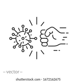 fist kick by bacteria icon, protect on virus, conquer infection disease, resistance antimicrobial, thin line web symbol on white background - editable stroke vector illustration eps10