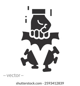 fist kick by bacteria icon, victory over coronavirus, virus defeated, conquer infection disease, flat vector illustration