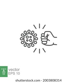 Fist kicking, fist kick by bacteria for protect virus, punching hands to fight coronavirus icon. Conquer infection disease with hand fist attack. line Vector illustration design,white background EPS10