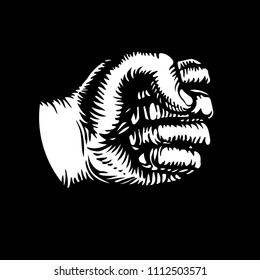 Fist, knuckle icon hand drawn ink sketch stock vector illustration on black backgroung