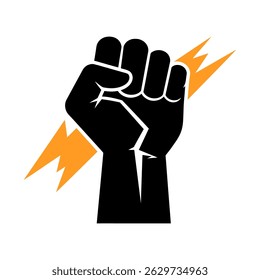Fist with lightning bolts icon. Fist surrounded by yellow lightning bolts on white background. Vector of power and energy