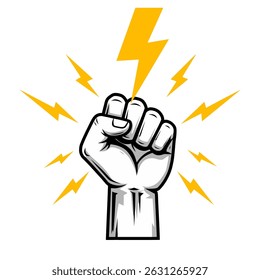 Fist with lightning bolts icon. Fist surrounded by yellow lightning bolts on white background. Vector of power and energy
