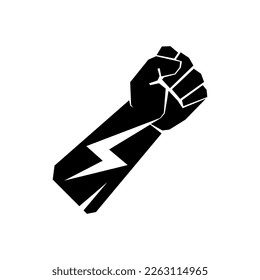 Fist with lightning. Fight concept. Protest icon. Power hand icon. Protection symbol. Vector illustration.