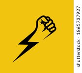 Fist lightning. Symbol protest. Black silhouette of a hand and flash. Vector illustration flat design. Isolated on yellow background. Gesture fist pictogram. Power icon. Symbol of victory and leader. 
