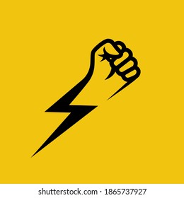 Fist lightning. Symbol protest. Black silhouette of a hand and flash. Vector illustration flat design. Isolated on yellow background. Gesture fist pictogram. Power icon. Symbol of victory and leader. 