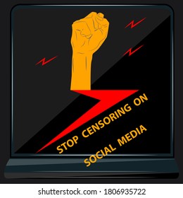 Puño y relámpago - vector. Concepto de libertad de expresión. Dejen de censurar los medios sociales. Libertad de información