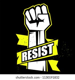 	
Fist male hand, resist symbol. Yellow fist emblem illustration on black background. Resist sign. Vector illustration.