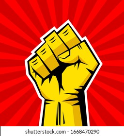 Fist male hand, symbol of the proletarian revolution. Yellow strong fist on red background. Sign of anger, strength, protest, fight. Illustration, vector