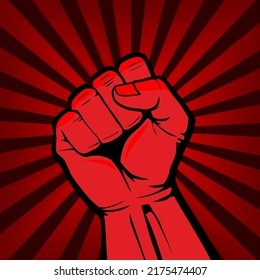 Fist male hand, symbol of the proletarian revolution. Red propaganda. Sign of anger, strength, protest, fight. Illustration, vector