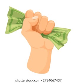 Fist money. Hand hold squeezing cash, crumpled wrinkled dollar bill paper banknote in clenched fist bills crash punch financial rights stingy man, cartoon neat vector illustration