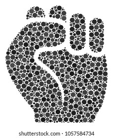 Fist mosaic of filled circles in different sizes and color tints. Round dots are united into fist vector composition. Vector design concept.
