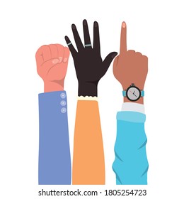 fist number one sign and open hands up of different types of skins design, diversity people multiethnic race and community theme Vector illustration