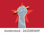 Fist on Air with Pencil with star on a red background. Editable Clip Art.