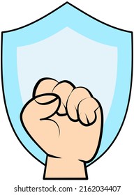 Fist on shield icon. Logo template with hand in fist in shield. Perfect for gym, gun store, security agency. Protection sign, strong emblem isolated on white. Protest, victory design, strength man
