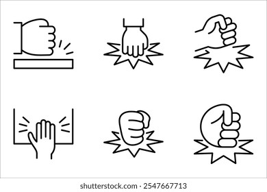 Ícone linear de punho na tabela. Pessoa irritada. Primeiro bater tabela. ilustração vetorial no fundo branco