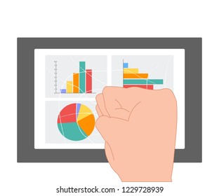 Fist on the tablet, broken screen with graphs