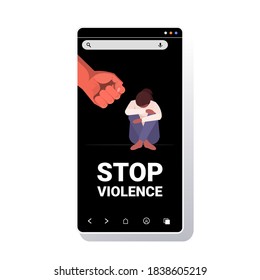 fist over scared terrified woman stop family violence and aggression against women concept smartphone screen full length vector illustration
