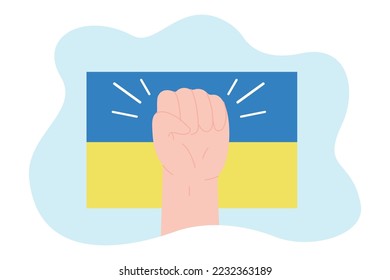 Fist of person in front of Ukrainian flag. Hand of cartoon character clenched in fist flat vector illustration. Freedom, power, war, patriotism concept for banner, website design or landing web page