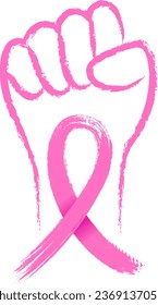 Fist with a pink ribbon brush style. Symbol of victory over breast cancer. Vector illustration.