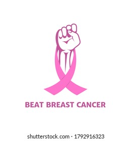 A fist with a pink ribbon, a symbol of victory over breast cancer. Vector icon isolated on white background, flat design, eps 10.