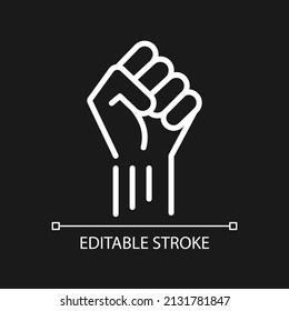 Fist up pixel perfect white linear icon for dark theme. Symbol of protest and resistance. Political solidarity. Thin line illustration. Isolated symbol for night mode. Editable stroke. Arial font used