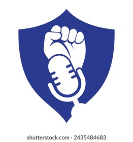 Fist podcast logo design vector illustration. Mic And fist logo concept design.