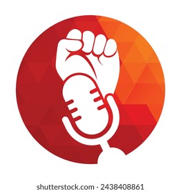 Ilustración vectorial de diseño de logotipo del primer podcast. Diseño de concepto de logotipo de Mic y puño.