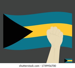 Fist power hand with Bahamas National flag, Fight for Bahamian People concept, cartoon graphic, sign symbol background, vector illustration.