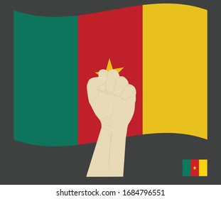 Fist power hand with Cameroon National flag, Fight for Cameroonian People  concept, cartoon graphic, sign symbol background, vector illustration.