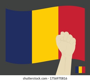 Fist power hand with chad National flag, Fight for Chadian People concept, cartoon graphic, sign symbol background, vector illustration.