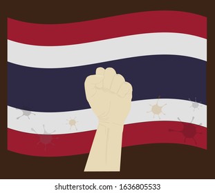 Fist power hand with corona virus or covid-19 virus stained on Thailand, Fight for thai People concept, cartoon graphic, sign symbol background, vector illustration