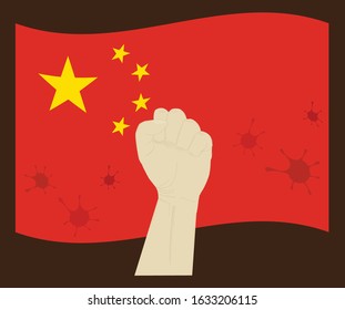 Fist power hand with coronavirus or covid-19 virus stain on the National Flag of the People's Republic of China, Fight for china concept, cartoon graphic, sign symbol background, vector illustration