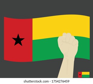 Fist power hand with Guinea Bissau National flag, Fight for Bissau-Guinean People concept, cartoon graphic, sign symbol background, vector illustration.