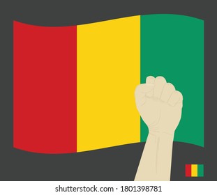 Fist power hand with Guinea National flag, Fight for Guinean People concept, cartoon graphic, sign symbol background, vector illustration.