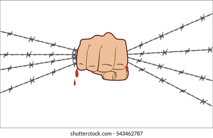 Fist up power. Hand holding barbed wire and breaks it. Fight for freedom. Concept of protest, revolution, refugee. Social theme. Flat color style