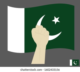 Fist power hand with the Islamic Republic of Pakistan National flag, Fight for pakistan  concept, cartoon graphic, sign symbol background, vector illustration.
