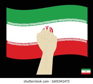 Fist power hand with the Islamic Republic of Iran National flag, Fight for Iron concept, cartoon graphic, sign symbol background, vector illustration.