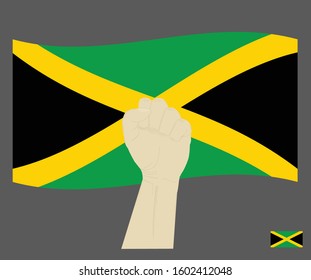 Fist power hand with Jamaica National flag, Fight for Jamaica  concept, cartoon graphic, sign symbol background, vector illustration.
