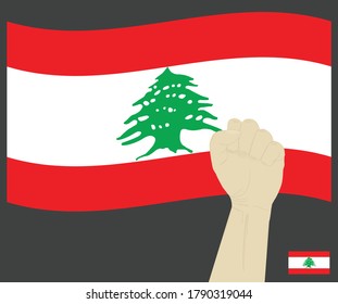 Fist power hand with lebanon National flag, Fight for Lebanese People concept, cartoon graphic, sign symbol background, vector illustration.