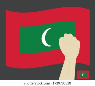 Fist power hand with Maldives National flag, Fight for Maldivian People concept, cartoon graphic, sign symbol background, vector illustration.