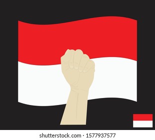 Fist power hand with National flag of INDONESIA flag, Fight for INDONESIA, cartoon graphic, sign symbol background, vector illustration.