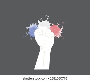 Fist power hand with National flag of FRANCE Painting, Fight for France concept, cartoon graphic, watercolor style, sign symbol background, vector illustration.