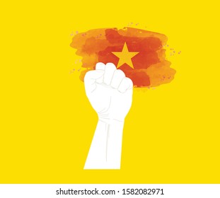 Fist power hand with National flag of Vietnam Painting, Fight for Vietnam concept, cartoon graphic, watercolor style, sign symbol background, vector illustration.